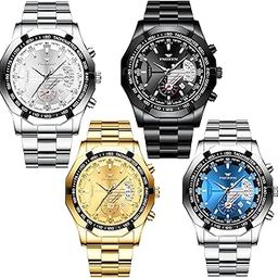 4 Pack Men's Stainless Steel Watches Waterproof Date Luminous Big Face Gold Silver Black Blue Business Dress Sports Luxury Casual Analog Quartz Wrist Watches Set Assorts Wholesales-image-25
