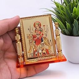 Rhymestore Plastic Hindu Goddess Maa Bhavani Mata Durga Vaishano Devi Sheronwali Acrylic Rectangular Frame For Home, Office & Car Temple, Gold, Tabletop - 3.15X1.18 Inch-18