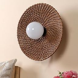 AKWAY Rattan Wall Lamp for Living Room | Bamboo Wall Light for Bedroom | Cane Wall Scone for Home - Sanya (Bulb not Included) (12" Dia)-image-14