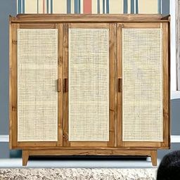 Wooden Storage Cabinet with Rattan Panels – 3-Door Mid-Century Modern Sideboard or Accent Cabinet-image-49