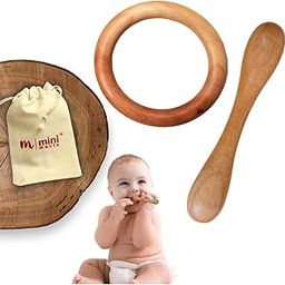MINIMAVIN "Natural and Chemical-Free Neem Wood Teethers | bpa free wooden teether for 6 to 12 months baby | Anti-Bacterial and Anti-Fungal | Silicone-Free, Safe Teething Toy | Antibacterial | 0-12 Months | Wooden Teether (Ring+Dumbell(Set of 2))-4