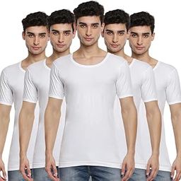 Pack of 5 Men's White Round Neck Half Sleeve Cotton Undershirt Vest (White;90)-60