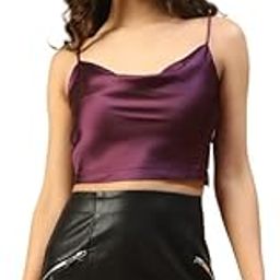 oxolloxo Women Solid Shoulder Strap Cowl Neck Satin Crop Top-picture-40