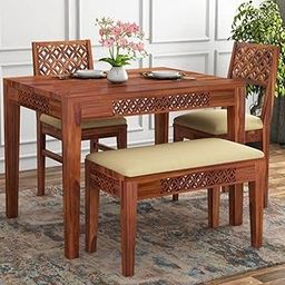 UrbonArts Sheesham Wood 4-Seater Dining Set – 34" Square Table with 2 Chairs and 1 Bench, Compact Space-Saving Design, Natural Finish (CNC 2 Chair 1 Bench Honey)-picture-25