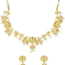 VoyllaApsara Faux Pearls Adorned Brass Lotus Motifs Gold Plated Jewellery Set-image-24
