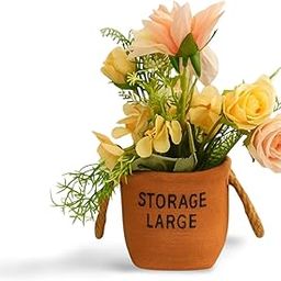 Decor Dost 8 inch Artificial Peach Flower Plant in Rustic Fibre Pot with Rope Handles | Mini Desk Decor-image-1