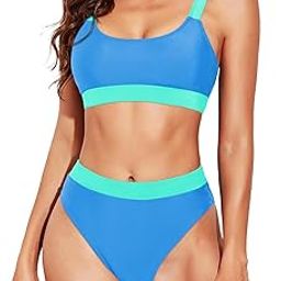 Women Two Piece High Waisted Bikini Swimsuits with Bottoms Teen Scoop Neck Sport Bathing Suits-image-22