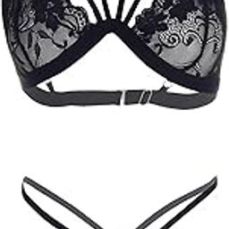 Women's Sexy Lace Criss Cross Side Strips Bra and Panty Lingerie Set Free Size Black-image-81