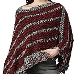 Women's Three-Quarter Sleeves High Neck Striped Maroon Poncho-016_Maroon-image-71