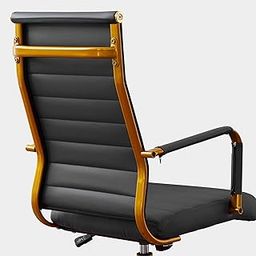 Livinia Modern Executive Office Desk Chair, Chrome & Leather Conference Room Swivel Chairs with Ribbed High Back, Adjustable Height, Removable Armrest, and Wheels for Home Office (Black(Gold))-31