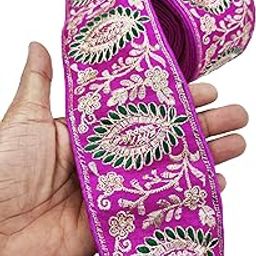 FRIJVEN Embroidery Gold Work with Sequence Design Lace Border Falls for Saree, Kurti, Dresses, Bandhani, Lehenga, Decorative Ribbon (8.5 cm Width) (Pink, 3 Meter)-image-27