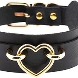 Punk Leather Goth Choker Collar Adjustable Rock PU Leather Choker Necklaces Teen Girls Cosplay Jewelry Vintage Necklaces - Black with Gold Heart, Metal Faux Leather-image-51