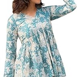 Women's Floral Empire Waist Tunic Top, Long Sleeve, Turquoise and White Paisley Print-picture-25