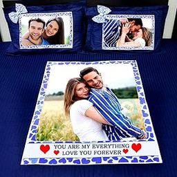 Kesar Enterprises Personalised/Personalise Photo Double Bedsheet |Gifting Bedsheet for All Occasions (Blue 90x100 inches) with 2 Personalised Pillow Covers (Blue 18x27 inches)-image-1