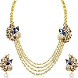 Gleaming Pearl Gold Plated Kundan Peacock Meenakari Multi-String Necklace Set for Women (2191NGLDPP1560), free size-image-3