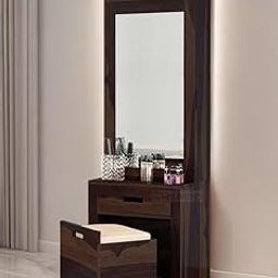 Solid Wood Wooden Dressing Table for Bedroom with Drawer, Mirror and Large Storage Space with Stool | Long Dresser Table with Mirror (Walnut Finish)-image-84