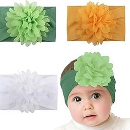 SYGA PACK OF 3Headbands Nylon Flower Soft Stretchable Hairband for Newborn Infant Toddler Kids For 0-3 Year (White-Khaki-Green)-image-63