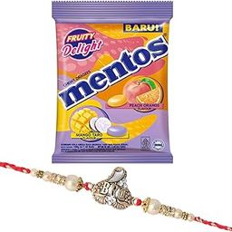 Mentos Fruity Delight Peach Orange & Mango Taro Chewy Dragees With Designer Diamond BRO Rakhi | Rakhi Gift | 50-image-91