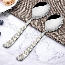 Parage 2 Pieces Stainless Steel Premium Serving Spoons, Large Spoon Set, Silver, Checks Design, 21 cm-10