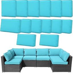 Frxeyaliz 14Pcs Outdoor Cushion Covers Replacement Washable Waterproof UV w/Zipper for 6-Seaters Sofa Patio Slipcovers Set Seat and Back Covers Only (Cyan)-image-45