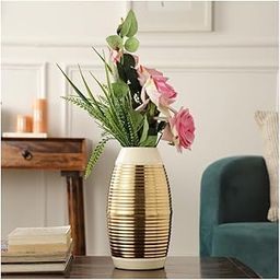 Decor de Maison Handcrafted Regal Banded Enamel Vase in Aluminium|Decorative Flower Vase for Living Room| Metal Vase for Dining Room | Table Vases | Aluminium Vases for Home Decor (Gold and White)-image-4