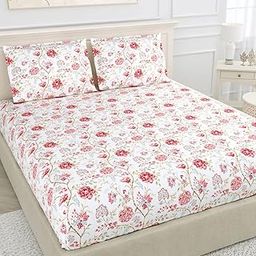 Haus & Kinder Elastic Fitted Double Size Bedsheets, 186 TC, 100% Cotton Queen Size Elastic Bed Sheet with 2 Pillow Covers-Pink Bedsheet-picture-17