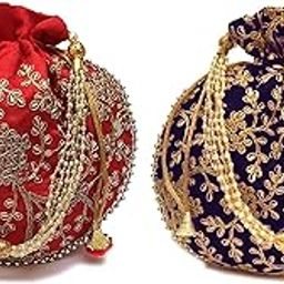 Women's Potli Bag (Set Of 2) Rajasthani Style Silk Potli Handbag Wristlet Clutch Batwa Golden Work Embroidery Potli Wedding Gift For Ladies Ethnic Women Fashion Potli-59