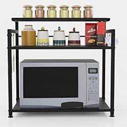 BMR House Ware 3-Tier Mild Steel Microwave Oven Stand Extra Storage for Kitchen, Coffee Bar, Countertop, Double Platform with Hooks Microwave & OTG Stand for Kitchen Counter (Black)-image-42
