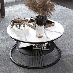 WOODILLA 2 Tier Round Coffee Table, Modern Coffee Table for Living Room, Tea, Coffee Tables Wooden Tabletop,Center Table,Durable Wood Faux Marble Top (Black & White)-35