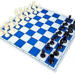StonKraft 18.2'' x 18.2'' Tournament Chess Vinyl Foldable Chess Game with Solid Plastic Pieces (with Two Extra Queens + Vinly Pouch) - for Professional Chess Players - Blue-1