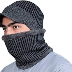 2-Pieces Winter Beanie Hat Neck Scarf Set Warm Knitted Fur Lined For Men's & Boy's-(Free Size)-(Grey)-image-87