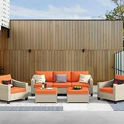HOLYSOUL 5-Piece Rattan Patio Conversation Balcony Furniture Sets Outdoor Furniture Wicker 7 Seater Sofa Group with Chair,Sofa and Ottomans (Orange4253)-image-2