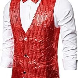 Milaan Mens Sequins Vest Button Down Bow Tie Jacket Fashion Party Costume L Red-image-57