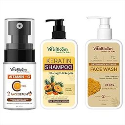 VitaBloom Skincare & Haircare Combo - Vitamin C Face Serum 30ml, Keratin Strengthening Shampoo 150ml & Sali-Cinamide Anti-Acne Face Wash 150ml | Glow, Repair & Clear Skin - For All Skin Types-image-96