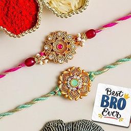 eCraftIndia Set of 2 Floral Beads Diamond Rakhi for Brother | Designer Rakhi Set | Rakhi For Brother and Bhabhi | Designer Rakhis | Best Bro Ever Fridge Magnet | Roli Chawal Pack-19