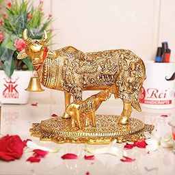 KridayKraft Gold Plated Kamdhenu Cow with Calf Metal Statue for Good Luck Feng Shui & Vastu Showpiece As Table Top Religious Idol Gau MATA for Home Office Decorative,Animal Showpiece-image-65