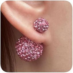 Crystal Rhinestone Double Ball Stud Earrings Fireball Disco Ball Pave Beads Earrings Hypoallergenic Jewelry for Women, 16mm × 8mm-image-36