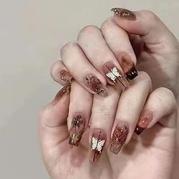 Fashionharbour 24 Reusable Artificial Fake Nail Set|Base Brown Colour with White Butterfly Design Glossy Nail |Lightweight & Long Lasting| Easy To Use| Quick Fix For Festivals & Special Occasions-13