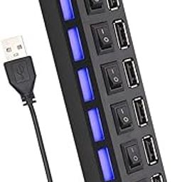 SGMSC Multi Port USB Splitter, 7-Ports USB 2.0 Hub High Speed ON/Off Individual Switch with LEDs Compatible for All USB Device (Black-7 Ports)-0