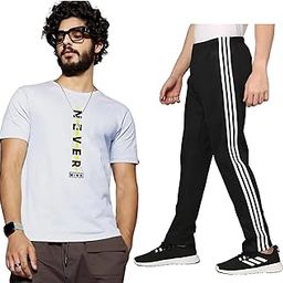 AXNEW Men's Athletic Track Suit Set, White T-Shirt with Balance Print and Black Track Pants with Stripes, Regular Fit (Combo).-91