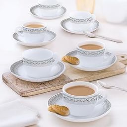 Larah by Borosil Opalware Classic Cup and Saucer Set, 145ml, 12-Pieces, White, HT12CS14CSC1, HT12CS14CSC1-26