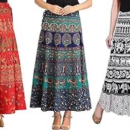 Women's Cotton Printed Wrap Around Long Skirts (Bm5254215q55, Multicolour, Free Size)- Combo of 3-1