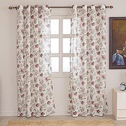 Clasiko Block Print Sheer Door Curtains; 40% Light Filtering Linen Textured Curtains with Eyelets & Tieback; Set of 2; 54x84 Inches/ 7 Feet; Blush Orchid-10