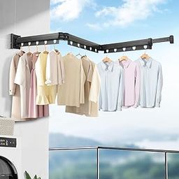 HOME CUBE Foldable Wall Mounted Clothes Drying Rack with 15 O-Shaped Holes, Laundry Drying Rack Adjustable Hidden Folding Clothing Rack for Balcony Laundry Bathroom Space Saver Clothes Rack - Black-picture-24