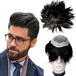 Kabello Human Hair Patch Monofilament Hair Wig for Men Toupee Wigs with Poly Skin PU Around Hair for Men (Black/Brown, 9x7)-image-78