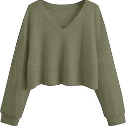 Ontarius Look Women's Cotton (Waffle) 2024 Summer Winter Spring Long Sleeve V-Neck Casual Workout Crop Tops for Women Gym Running Loose Tunic Tops-image-98