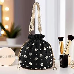 Urbane Home Potli Bags for Ladies & Girls | Women Shagun Pouches for Festive Seasons | Batwa Bag Bridal Purse With Moti Design - Black-16