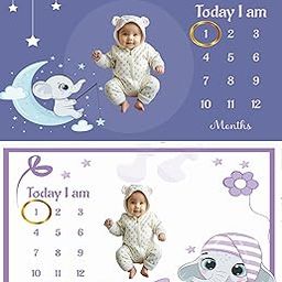 Hoolloomooloo Baby Milestone Blanket Pack of 2 | Purple Sleepy Elephant & Night Sky Moon Design | Monthly Photoshoot Prop with 15 Cards & 1 Golden Ring per Blanket | 90x120 cm Soft Fleece-image-93