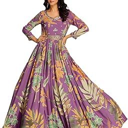 Women's Rayon Print with Hand Embroidery Work Anarkali Long Gown(M-2543)-73