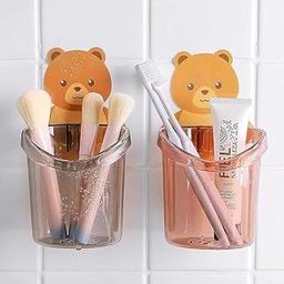 SR Toothbrush Holders for Bathroom Waterproof Self Adhesive Wall Mount for All Types Tooth Brush, Toothpaste, Face-Cream, Lotion,Comb Teddy Bear Shaped with Water Drain Hole(2 Pcs)-31